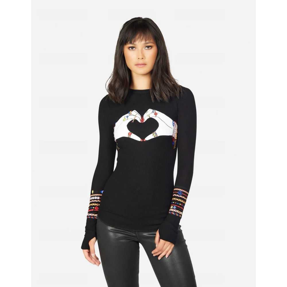 Lauren Moshi NEW McKinley Friendship Love Black Termal Long Sleeve Shirt Small